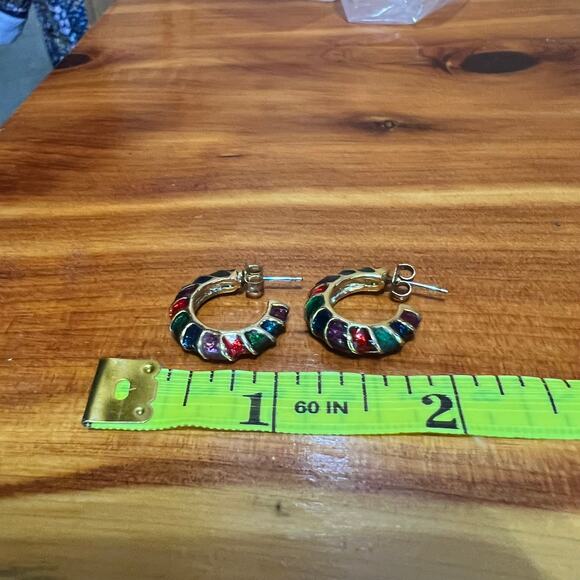 Vintage Rainbow Striped Hoop Pierced Earrings Christmas Candy Canes Gold Tone - Picture 8 of 8